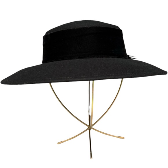 Vintage Black Feather Embellished Wide Brim Hat Small Fit Winter Pheasant Wool - Picture 5 of 12